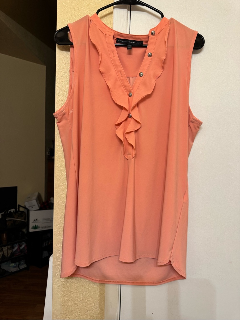 White House Black Market Coral Sleeveless Ruffle V-Neck please view photos